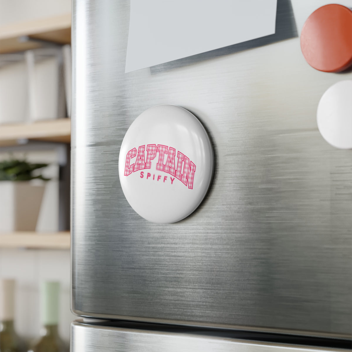 Button Magnet — "Captain Spiffy" Pink Gingham Novelty Magnet