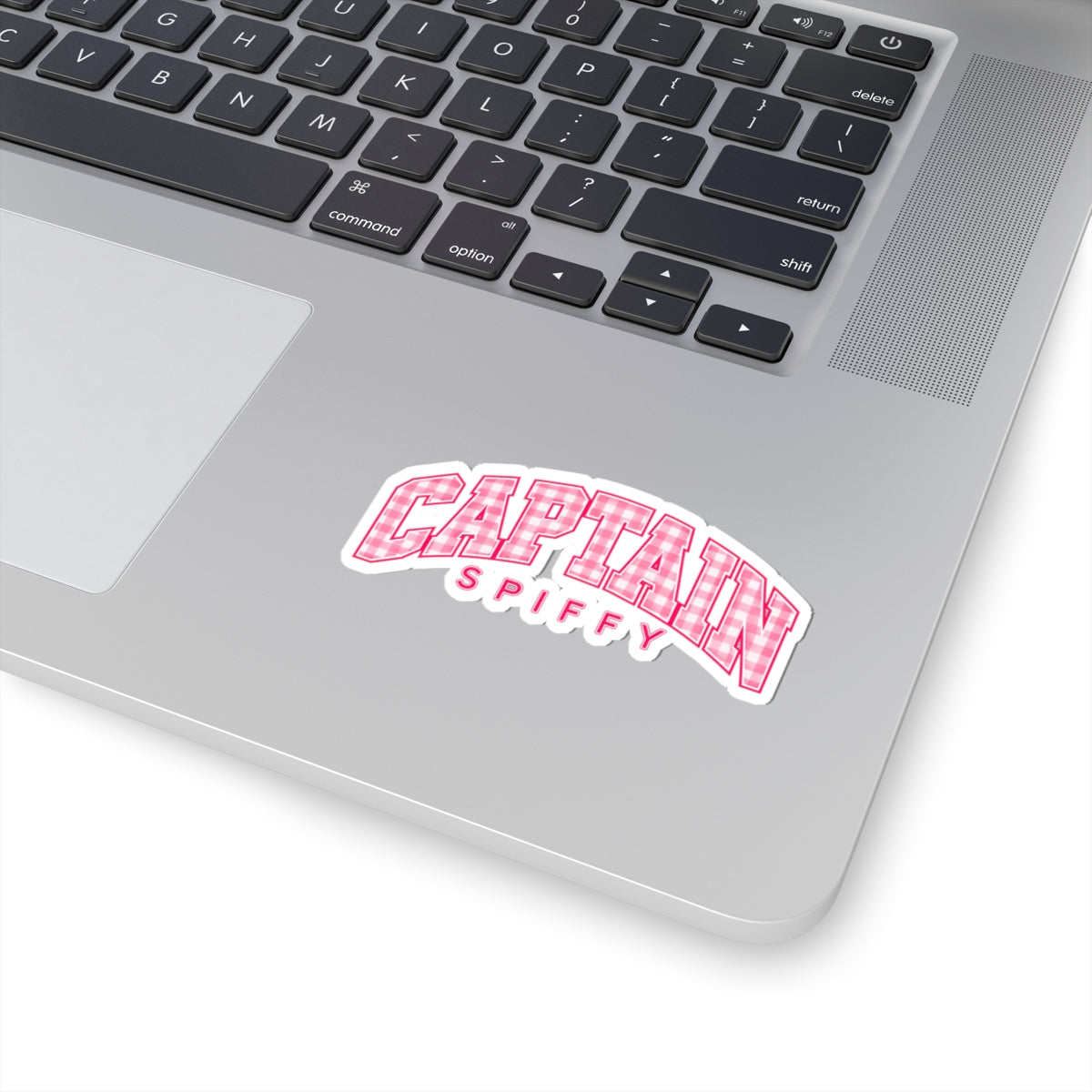 Captain Spiffy Pink Gingham Kiss-Cut Sticker — Retro Varsity Laptop Decal